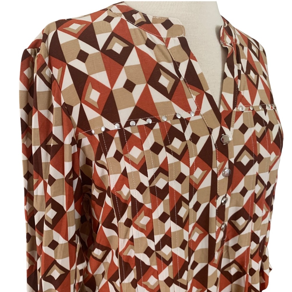 COCOMO Medium Brown Orange White 3/4 sleeve women's Pintuck Blouse top shirt - Picture 8 of 16